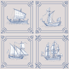 Old caravel. Ship on the Blue Dutch tile. Imitation. Frigate, vintage sailboat, Sailing vessel , glazed porcelain ceramic.