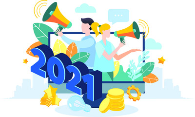 Fototapeta na wymiar New year's business illustration 2021. Flat design. A group of people, men and women, employees and colleagues are preparing for the new year 2021. Big Christmas tree toy. Christmas tree.