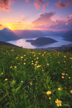 Sunset over Iseo lake and Montisola, Brescia province, Lombardy, Italy