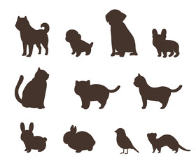 動物のシルエット　犬と猫と兎と鳥とフェレット
