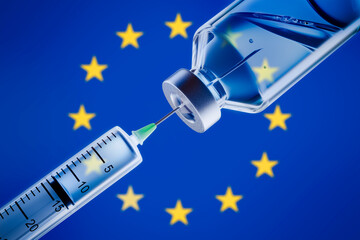 Syringe and vaccine with European flag - obrazy, fototapety, plakaty