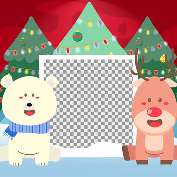 Merry Christmas background with blank photo and Cute Polar Bear and Reindeer sitting in the snow landscape with a christmas tree. Holiday Social media post, greeting card template vector.