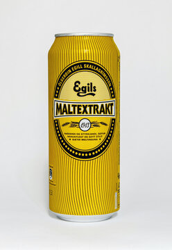 Can of Malkextrakt, a popular Icelandic beverage, against white background.