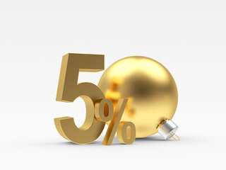 Discount 50 percent off with golden Christmas ball isolated on white background. 3D illustration