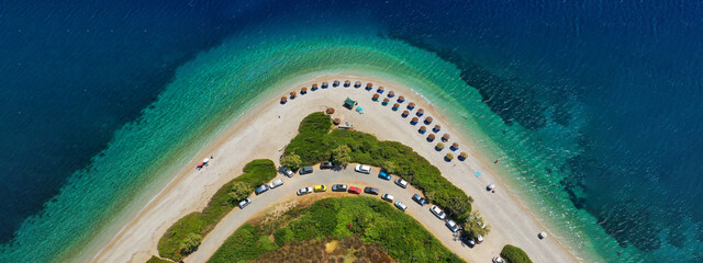 Aerial drone ultra wide panoramic photo of beautiful azure turquoise crystal clear sandy beach of...