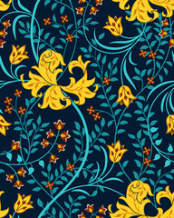 Futuristic floral seamless pattern with big flowers, tulips and foliage on dark background. Vector illustration. - obrazy, fototapety, plakaty