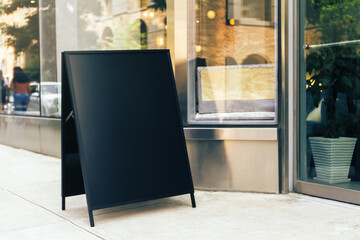 Black blank signboard stand near the entrance to the coffee shop, mock up