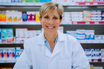 Portrait of smiling caucasian pharmacist standing in front of prescription medication in pharmacy