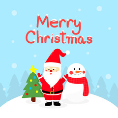 Santa claus with snow man and Christmas tree .Merry Christmas Holiday greeting card