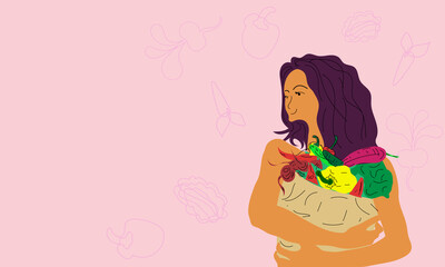 Popular concept illustration. Young fashionable girl smiling happy holding grocery paper bag standing in the city. Food delivery. Food donation