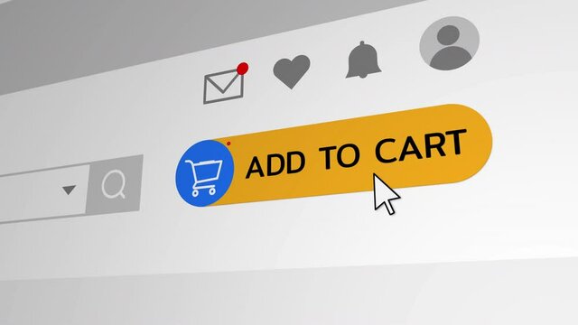 Close up shot animation of shopping cart icon on computer screen with animated counting numbers add online commodity on shopping web page. 4k footage 60 fps.