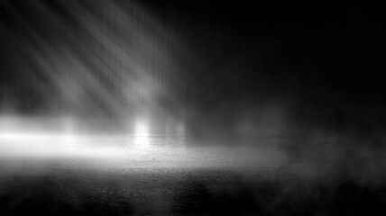 Dark street, black background, glare of light on the wet asphalt. Rays and lines, smoke. Dark city...