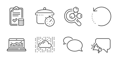 Accounting checklist, Cloud system and Web analytics line icons set. Boiling pan, Messenger and Recovery data signs. Chemistry lab, Megaphone symbols. Calculator, Data storage, Statistics. Vector