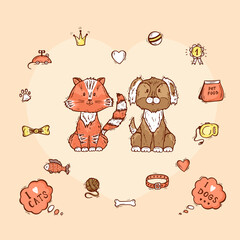 Vector Cute Dog and Cat together. Pet item set. Hand Drawn Doodle Puppy and Kitten and accessories for Pets