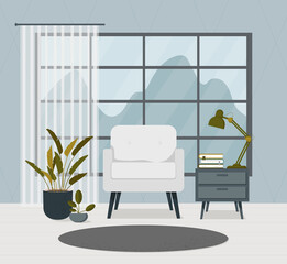 Bright comfortable cozy living room interior in green pastel colors on a white isolated background. Modern flat design style with flower sofa and floor lamp. Vector stock illustration.