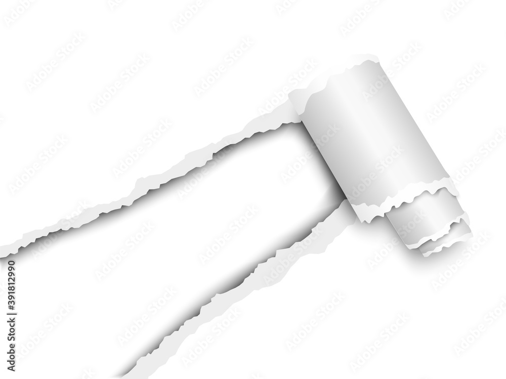 Wall mural torn, snatched window placed diagonally in sheet of white paper with paper curl. white background of