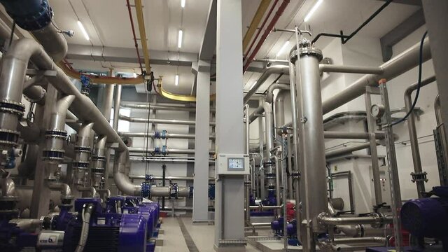 Interior of water treatment plant. Facility for purification of drinking water.