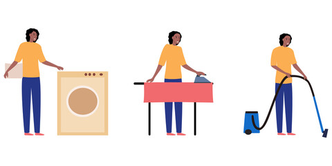 
Black pretty cartoon woman washing clothes, ironing linen, vacuuming the room. Set of vector flat illustrations. The wife and mother are engaged in household chores. The housekeeper works 