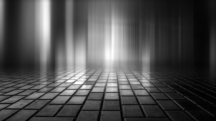 Dark street, black background, glare of light on the wet asphalt. Rays and lines, smoke. Dark city street.