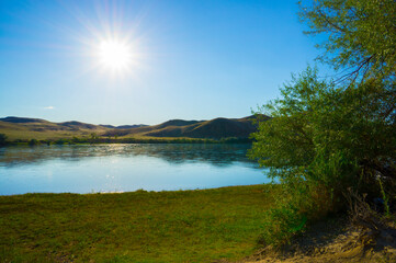 Landscape of the river and the sky in sunny weather.