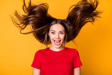 Photo of funny lady open mouth flying hairstyle wear casual red top isolated yellow bright color...