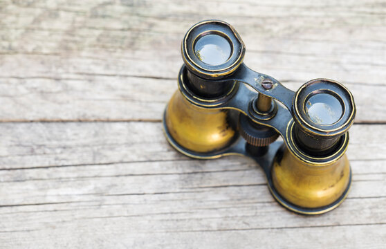 Vintage Binocular On Wooden Background, Covid-19 Stop Travel, Travel Agency Concept