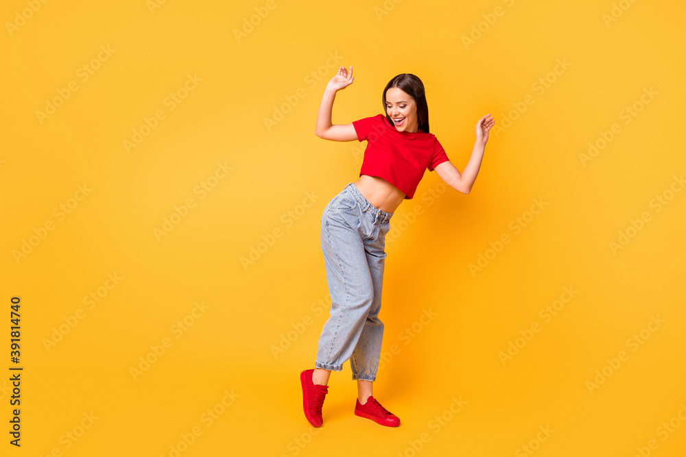 Sticker full length photo of dancing lady at students party wear red crop top jeans shoes isolated yellow co