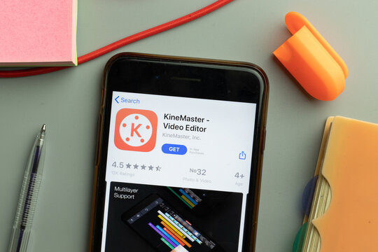 New York, United States - 7 November 2020: Phone screen close-up with KineMaster Video Editor mobile app logo on display, Illustrative Editorial