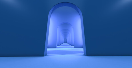3d render of walkway arch, hallway, Long tunnel with arches for product presentation