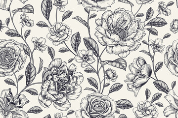 Floral black and white background. Vintage seamless pattern. Vector. - 391815151