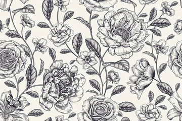 Washable wall murals Vintage style Floral black and white background. Vintage seamless pattern. Vector.