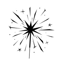 Black burning sparkler silhouette isolated on white. Indian firework with sparks and glow. Monochrome element for design banner, flyer, card, background for party,celebration. Vector illustration.
