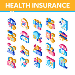 Health Insurance Care Icons Set Vector. Isometric Medical Insurance Agreement And Healthcare Service, Ambulance Car And Hospital Ward Illustrations