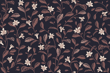 Nahtloses Blumenmuster. Kleine Blüten und Blätter. Vektor. Jahrgang. © marinavorona