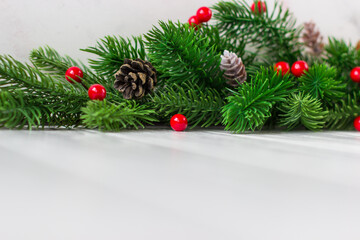 Fir branches with cones and red berries on a white background