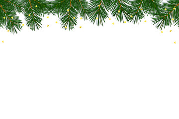 White card with branches of a Christmas tree along the top edge. Horizontal rectangular white background with a limiter, a border of cedar, spruce, or Christmas tree branches, coniferous plant. 