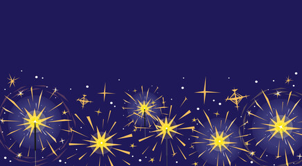 Yellow burning sparklers isolated on blue. Indian firework with gold sparks, snowflakes and glow. Colorful horizontal background for design banner, flyer, card for party, birthday, celebration. Vector