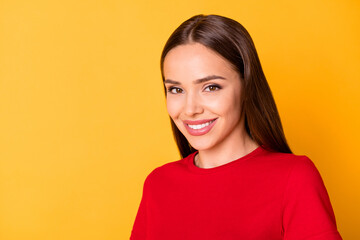 Headshot of attractive lady toothy smiling wear casual red top isolated over yellow color background