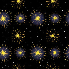 Yellow burning sparklers isolated on black. Indian firework with gold sparks, snowflakes and glow. Colorful seamless pattern for design banner, flyer, card for party, celebration. Vector illustration.