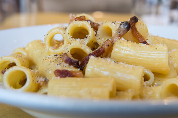 Rigatoni alla carbonara is a specialty dish from lazio region and Roma sorround