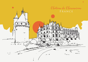 Drawing sketch illustration of Chateau de Chenonceau