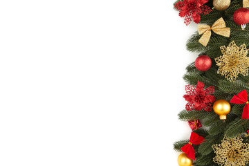 Christmas background with gold and red decorations isolated on white background.