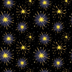 Yellow burning sparklers isolated on black. Indian firework with gold sparks, snowflakes and glow. Colorful seamless pattern for design banner, flyer, card for party, celebration. Vector