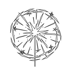 Black outline burning sparkler silhouette isolated on white. Indian fireworks with sparks and glow. Element for design banner, flyer, card, background for party, celebration. Vector illustration.