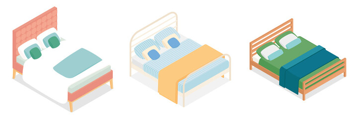 Set of isometric beds. Vector collection. Illustration in flat design.