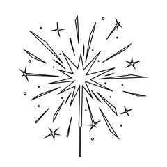 Black outline burning sparkler silhouette isolated on white. Indian fireworks with sparks and glow. Element for design banner, flyer, card, background for party, celebration. Vector illustration.