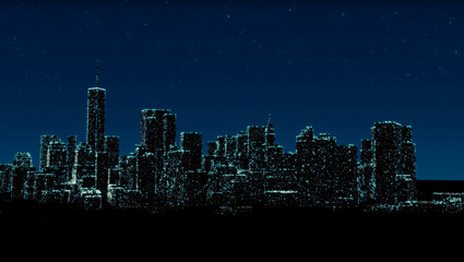 Panoramic night view of Lower Manhattan and financial district. Lights of skyscrapers and starry sky over New York City. 3d render