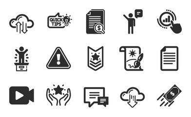 Education idea, File and Agent icons simple set. Comment, Video camera and Cloud sync signs. Winner podium, Graph chart and Ranking symbols. Flat icons set. Vector