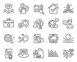 Business icons set. Included icon as Like, Certificate diploma, First aid signs. Investment graph, Bus, Fair trade symbols. 360 degree, Vip flight, Search calendar. Elastic material. Vector