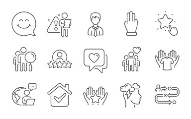 Three fingers, Mindfulness stress and Journey path line icons set. Ranking star, Heart and Search people signs. Hold t-shirt, Human rating and Businessman symbols. Line icons set. Vector